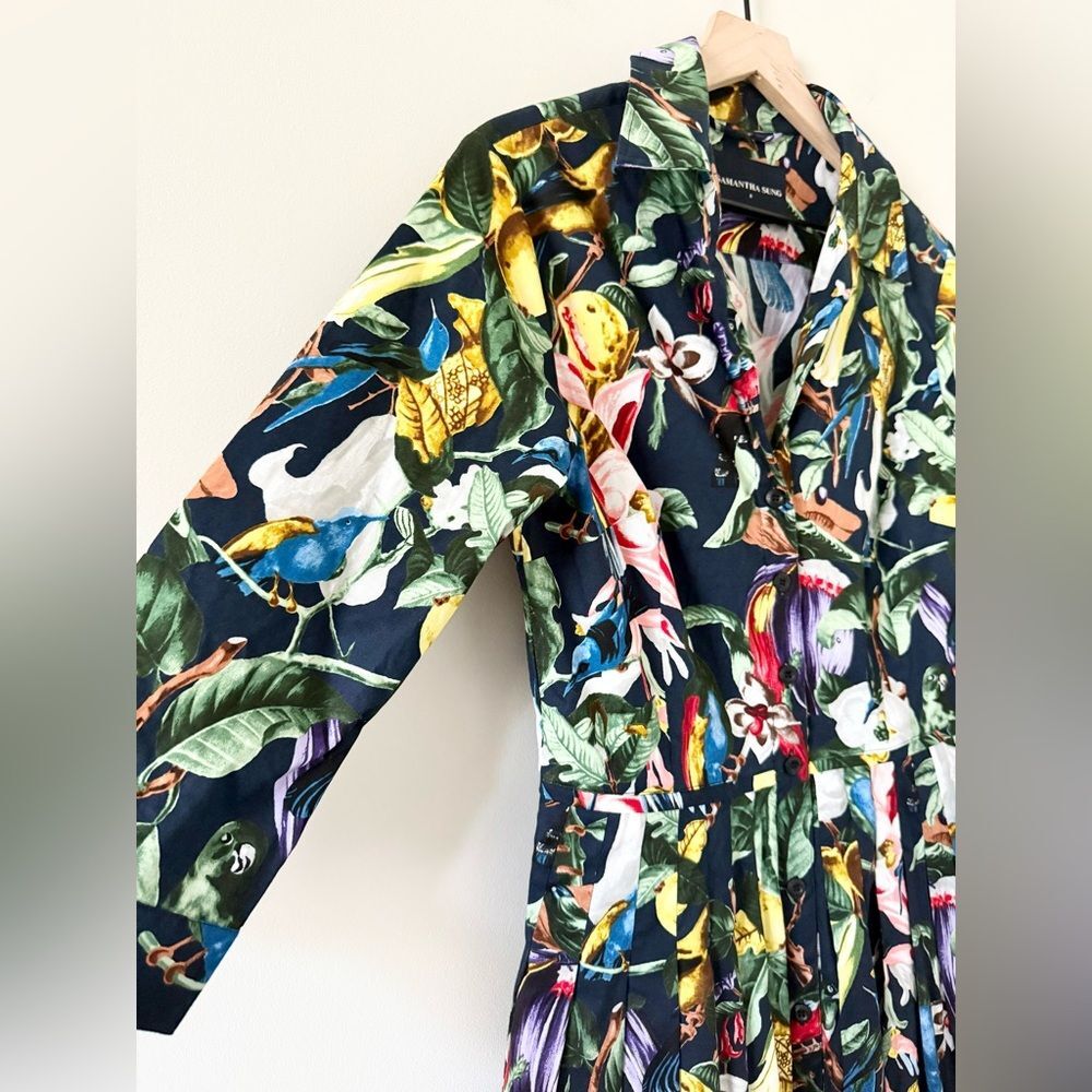 SAMANTHA SUNG Button Front Shirt Dress with Pleated Skirt in Navy Botanical - 8 - Picture 2 of 7